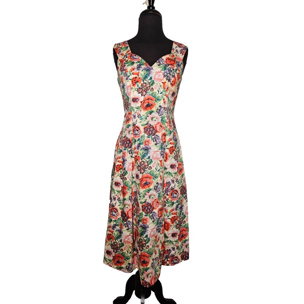 J PETERMAN Floral Dress Size 2 Sleeveless Cotton Sweetheart Neck Garden Party